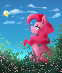 Size: 3334x3907 | Tagged: safe, artist:mrscurlystyles, pinkie pie, earth pony, pony, g4, balloon, cloud, female, grass, high res, leaves, looking up, mare, sitting, sky, smiling, solo