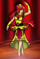 Size: 1189x1759 | Tagged: safe, artist:tyron91, sunset shimmer, human, equestria girls, equestria girls specials, g4, my little pony equestria girls: dance magic, armpits, breasts, clothes, dancing, dress, female, flamenco dress, humanized, smiling, solo, stage, sunset shimmer flamenco dress