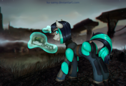 Size: 1024x698 | Tagged: safe, artist:ka-samy, oc, oc only, oc:dragonfire, pony, unicorn, fallout equestria, fallout equestria: child of the stars, armor, butt, dark, dock, fallout, looking at you, looking back, plot, post-apocalyptic, solo, tail, weapon