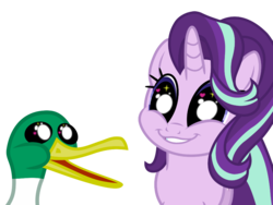 Size: 1024x768 | Tagged: safe, artist:trini-mite, starlight glimmer, duck, pony, unicorn, g4, cute, glimmerbetes, glimmie, op is a duck, op is not a duck, simple background, smiling, transparent background, wingding eyes