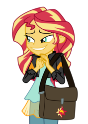 Size: 2400x3394 | Tagged: safe, artist:keronianniroro, sunset shimmer, equestria girls, g4, awkward smile, clothes, cute, faic, female, high res, jacket, leather jacket, shimmerbetes, shoulder bag, simple background, smiling, solo, transparent background, vector