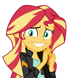 Size: 2185x2334 | Tagged: safe, artist:keronianniroro, sunset shimmer, equestria girls, g4, awkward smile, clothes, cute, female, high res, jacket, leather jacket, shimmerbetes, shoulder bag, simple background, smiling, solo, transparent background, vector