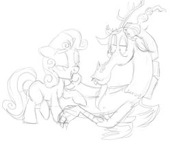 Size: 710x585 | Tagged: safe, artist:buttercupsaiyan, discord, sweetie belle, draconequus, pony, unicorn, g4, bedroom eyes, claw in mouth, female, filly, floppy ears, looking at each other, male, shipping, straight, sweetiecord, talking