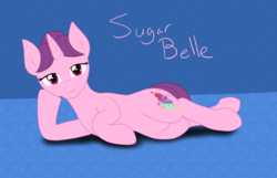 Size: 7000x4500 | Tagged: safe, artist:glacierfrostclaw, sugar belle, pony, unicorn, g4, absurd resolution, bedroom eyes, female, lying down, mare, on side