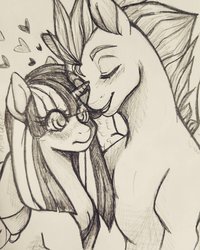 Size: 1024x1280 | Tagged: safe, artist:cabbage-arts, flash sentry, twilight sparkle, pony, g4, cute, duo, embrace, female, male, monochrome, nuzzling, ship:flashlight, shipping, sketch, straight