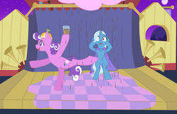Size: 7000x4500 | Tagged: safe, artist:glacierfrostclaw, screwball, trixie, pony, unicorn, g4, absurd resolution, cape, chaos, chocolate, chocolate milk, clothes, cloud, cotton candy, cotton candy cloud, female, food, mare, milk, trixie's cape, trixie's wagon