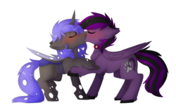 Size: 3307x2041 | Tagged: safe, artist:oddends, oc, oc only, changeling, pegasus, pony, blue changeling, changeling oc, high res, kissing, simple background, transparent background