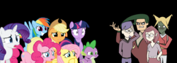 Size: 1148x410 | Tagged: safe, applejack, fluttershy, pinkie pie, rainbow dash, rarity, spike, twilight sparkle, dragon, g4, crossover, deadly space action!, floppy ears, lemarion, mane six, orton, saige