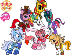 Size: 1024x768 | Tagged: safe, artist:omegaridersangou, fizzy, galaxy (g1), lofty, north star (g1), sunset shimmer, wind whistler, pony, g1, g4, cure chocolat, cure custard, cure gelato, cure macaron, cure parfait, cure whip, g1 to g4, generation leap, kirakira precure a la mode, my little pony logo, precure, pretty cure