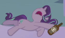 Size: 1096x646 | Tagged: safe, edit, edited screencap, editor:slb94, screencap, starlight glimmer, pony, a royal problem, g4, alcohol, bottle, cropped, drunk, drunklight glimmer, female, nose in the air, open mouth, passed out, scrumpy, sleepy starlight, solo, team fortress 2, volumetric mouth