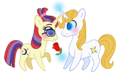 Size: 677x438 | Tagged: safe, artist:carouselunique, moondancer, prince blueblood, pony, g4, chibi, colored pupils, crack shipping, cute, discussion in the comments, duo, female, flower, male, moonblood, rose, shipping, simple background, straight, transparent background