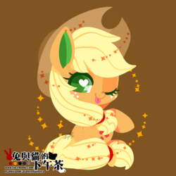 Size: 1200x1200 | Tagged: safe, artist:snow angel, applejack, pony, g4, brown background, chibi, colored pupils, cowboy hat, cute, female, freckles, hat, heart eyes, jackabetes, lineless, one eye closed, raised hoof, signature, simple background, smiling, solo, stetson, tongue out, wingding eyes, wink