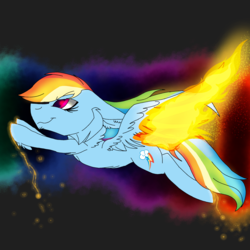 Size: 2560x2560 | Tagged: safe, artist:brokensilence, rainbow dash, pony, g4, backwards cutie mark, female, fiery wings, fire, flying, high res, mare, simple background, solo