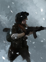 Size: 1800x2400 | Tagged: safe, artist:tiger-type, applejack, human, g4, abstract background, ak-74, backpack, battlefield, clothes, female, gun, helmet, humanized, k6-3, realistic, snow, soldier, solo, uniform, weapon