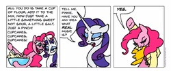 Size: 989x412 | Tagged: safe, artist:gingerfoxy, pinkie pie, rarity, earth pony, pony, unicorn, pony comic generator, g4, batter, clothes, comic, food, freddie mercury