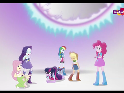 Size: 2048x1536 | Tagged: safe, screencap, applejack, fluttershy, pinkie pie, rainbow dash, rarity, sci-twi, twilight sparkle, equestria girls, equestria girls specials, g4, my little pony equestria girls: mirror magic, eyes closed, female, geode of super speed, geode of super strength, humane five, humane six, looking at you, magical geodes, mirror world, open mouth, portal, raised leg, teletoon