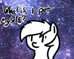 Size: 511x407 | Tagged: safe, artist:neuro, oc, oc only, earth pony, pony, existentialism, partial color, petting, solo, space