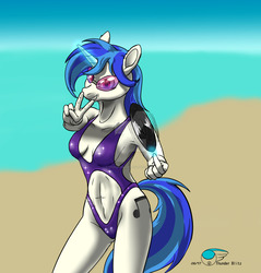 Size: 1280x1337 | Tagged: safe, alternate version, artist:thunderblitz1, dj pon-3, vinyl scratch, unicorn, anthro, g4, abs, armpits, beach, belly button, clothes, deviantart watermark, female, glasses, glowing horn, horn, multiple variants, navel cutout, obtrusive watermark, one-piece swimsuit, open-back swimsuit, peace sign, solo, swimsuit, watermark