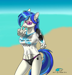 Size: 1024x1070 | Tagged: safe, alternate version, artist:thunderblitz1, dj pon-3, vinyl scratch, unicorn, anthro, g4, abs, beach, belly button, clothes, deviantart watermark, female, glasses, glowing horn, horn, multiple variants, obtrusive watermark, peace sign, shirt, solo, swimsuit, t-shirt, watermark