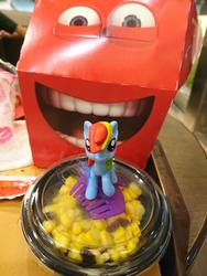 Size: 4140x5520 | Tagged: safe, rainbow dash, pony, g4, absurd resolution, barely pony related, behind you, food, happy (mcdonalds), imminent vore, irl, kitchen eyes, mcdonald's happy meal toys, open mouth, photo, salad, toy, wat