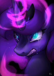 Size: 2894x4093 | Tagged: safe, artist:hosikawa, nightmare moon, princess luna, alicorn, pony, g4, angry, corrupted, crying, female, high res, mare, nightmare luna, slit pupils, solo