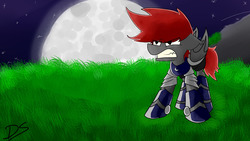 Size: 1280x720 | Tagged: safe, oc, oc only, oc:destral, bat, pony, angry, armor, blue, fantasy class, grass, gray, guard, knight, land, night, red, silver, single, solo, warrior