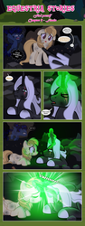 Size: 1919x5108 | Tagged: safe, artist:estories, oc, oc only, oc:alice goldenfeather, oc:möbius, oc:penumbra, pegasus, pony, unicorn, comic:find yourself, :t, comic, cross-popping veins, female, glowing, glowing eyes, glowing horn, high res, horn, magic, mare, scar