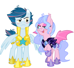 Size: 2721x2519 | Tagged: dead source, safe, artist:cloiepony, oc, oc only, oc:glitzy glam, oc:sky fall, bat pony, pegasus, pony, base used, blushing, female, high res, male, mare, night guard, recolor, royal guard, simple background, stallion, transparent background