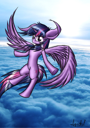 Size: 2480x3507 | Tagged: safe, artist:ap0st0l, twilight sparkle, alicorn, pony, g4, female, flying, high res, mare, sky, solo, twilight sparkle (alicorn), wings