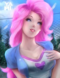 Size: 1600x2080 | Tagged: safe, artist:yamivisualkei, pinkie pie, human, g4, breasts, busty pinkie pie, chromatic aberration, clothes, equestria girls outfit, female, human coloration, humanized, nail polish, solo