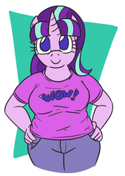 Size: 601x842 | Tagged: safe, artist:jargon scott, starlight glimmer, unicorn, anthro, g4, chubby, clothes, curvy, female, hand on hip, jeans, looking at you, meme, pants, plump, shirt, smiling, solo, t-shirt, thick, wide hips, wow! glimmer