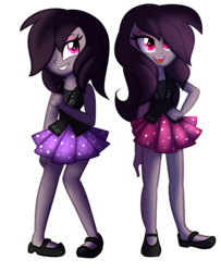 Size: 1024x1261 | Tagged: dead source, safe, artist:wubcakeva, oc, oc only, oc:genie, oc:gypsy, vampire, equestria girls, g4, clothes, duo, female, hair over one eye, mary janes, miniskirt, pleated skirt, shoes, simple background, skirt, smiling, transparent background, twins