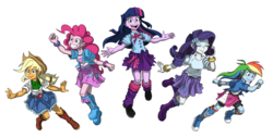 Size: 1244x634 | Tagged: safe, artist:pedantczepialski, applejack, pinkie pie, rainbow dash, rarity, twilight sparkle, equestria girls, g4, alternate universe, beautiful, boots, clothes, colored, compression shorts, cowboy hat, cute, daaaaaaaaaaaw, denim skirt, equestria girls: the parody series, floating, grin, happy, hat, leg warmers, shoes, simple background, skirt, smiling, socks, stetson, transparent background, twiabetes, updated