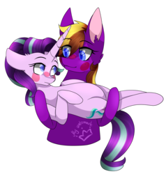 Size: 2878x3026 | Tagged: safe, artist:alithecat1989, starlight glimmer, oc, oc:solar crackle, pony, unicorn, g4, blushing, carrying, donut steel, female, high res, mare, simple background, transparent background