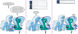 Size: 1808x800 | Tagged: safe, artist:dekomaru, trixie, oc, oc:hazel lulamoon, oc:nebula, pony, tumblr:ask twixie, g4, ask, baby, baby pony, begging, colt, cute, fake horn, female, forgiveness, grandmother and grandchild, magical lesbian spawn, male, mother and daughter, offspring, parent:trixie, parent:twilight sparkle, parents:twixie, tumblr