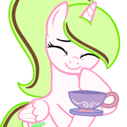 Size: 724x721 | Tagged: safe, artist:duyguusss, oc, oc only, oc:dakota chaos, alicorn, pony, base used, cup, eyes closed, female, mare, simple background, smiling, solo, teacup, transparent background