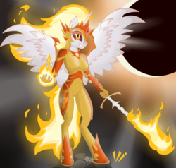 Size: 2500x2383 | Tagged: safe, artist:virenth, daybreaker, alicorn, anthro, unguligrade anthro, a royal problem, g4, armor, breasts, clothes, female, flaming sword, grin, high res, mare, slit pupils, smiling, solo, spread wings, sword, weapon, wings