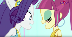 Size: 1460x759 | Tagged: safe, screencap, rarity, sour sweet, equestria girls, equestria girls specials, g4, my little pony equestria girls: dance magic, clothes, dancing, duo, duo female, ear piercing, earring, eyes closed, female, jewelry, piercing, ponied up, teletoon