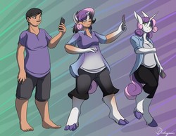 Size: 1280x991 | Tagged: safe, artist:blueberrysnow, sweetie belle, oc, oc:acesential, classical unicorn, human, unicorn, anthro, unguligrade anthro, g4, abstract background, cellphone, clothes, cloven hooves, digital art, female, horn, human male, human to anthro, long ears, male, male to female, mare, phone, rule 63, shirt, shorts, smartphone, transformation, transforming clothes, transgender transformation, unshorn fetlocks