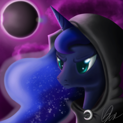 Size: 1500x1500 | Tagged: safe, artist:qbellas, princess luna, alicorn, pony, g4, cloak, clothes, colored pupils, eclipse, female, frown, mare, moon, solo, sun