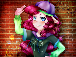 Size: 1024x768 | Tagged: dead source, safe, artist:wolfchen999, pinkie pie, human, equestria girls, equestria girls specials, g4, my little pony equestria girls: dance magic, clothes, eared humanization, female, floppy ears, humanized, looking at you, mc pinkie, ponied up, pony ears, rapper pie, smiling, solo, wall