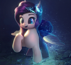 Size: 1972x1795 | Tagged: safe, artist:lmgchikess, fluttershy, butterfly, pegasus, pony, g4, chromatic aberration, cute, female, leaf, magic, mare, raised hoof, shyabetes, smiling, solo, water