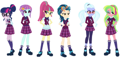 Size: 1343x657 | Tagged: safe, indigo zap, lemon zest, sci-twi, sour sweet, sugarcoat, sunny flare, twilight sparkle, equestria girls, g4, clothes, crystal prep academy uniform, crystal prep shadowbolts, female, glasses, school uniform, shadow six, shoes, simple background, skirt, socks, white background