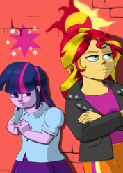 Size: 4962x7014 | Tagged: safe, artist:gogglespizano, sunset shimmer, twilight sparkle, fanfic:two in exile, equestria girls, g4, absurd resolution, clothes, crossed arms, cutie mark, fanfic, fanfic art, jacket, leather jacket, skirt, wall