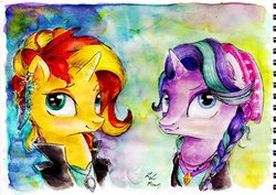 Size: 1024x726 | Tagged: safe, artist:lailyren, starlight glimmer, sunset shimmer, pony, unicorn, g4, clothes, ear piercing, earring, female, jewelry, mare, piercing, traditional art, watercolor painting