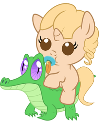 Size: 836x967 | Tagged: safe, artist:red4567, gummy, taralicious, oc, pony, g4, baby, baby pony, cute, ocbetes, pacifier, ponies riding gators, riding, simple background, tara strong, tarabetes, white background