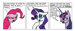 Size: 1993x827 | Tagged: safe, artist:gingerfoxy, pinkie pie, rarity, twilight sparkle, earth pony, pony, unicorn, pony comic generator, g4, comic, rude, wingding eyes