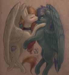 Size: 2425x2661 | Tagged: safe, artist:kimsteinandother, oc, oc only, pegasus, pony, blushing, female, glasses, high res, kissing, mare, traditional art