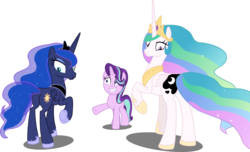 Size: 6724x4096 | Tagged: safe, artist:tralomine, princess celestia, princess luna, starlight glimmer, alicorn, pony, unicorn, a royal problem, g4, absurd resolution, grin, nervous, nervous smile, rear view, royal sisters, simple background, smiling, swapped cutie marks, transparent background, trio, vector