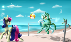 Size: 5000x3000 | Tagged: safe, artist:quefortia, bon bon, lyra heartstrings, sweetie drops, earth pony, pony, unicorn, g4, beach, cloud, duo, female, high res, mare, palm tree, sky, tree, volleyball, water